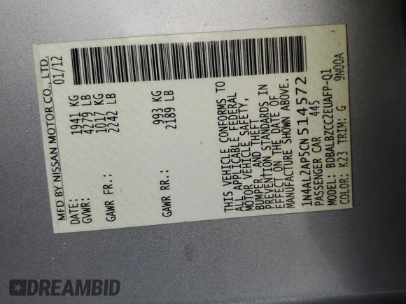 2012 Nissan Altima 2.5 S with VIN 1N4AL2AP5CN514572, listed as a Copart auction lot 50585315 with 120,015 mi miles and Salvage Title. Bid and sale history available at carsss.com. Image 12.
