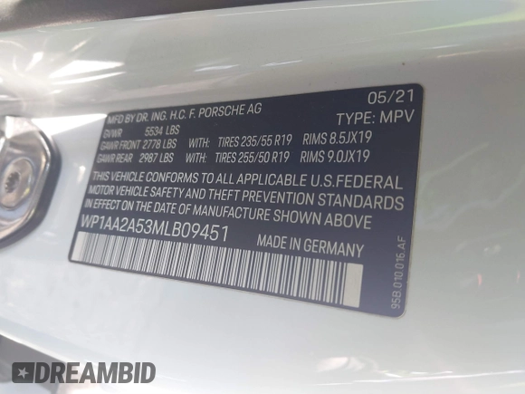2021 Porsche Macan with VIN WP1AA2A53MLB09451, listed as a IAAI auction lot 41762804 with 46,603 mi miles and . Bid and sale history available at DreamBid. Image 9.