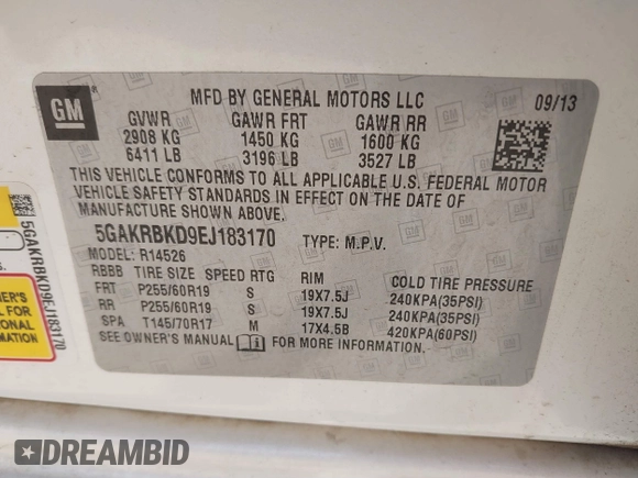 2014 Buick Enclave Leather with VIN 5GAKRBKD9EJ183170, listed as a IAAI auction lot 41762218 with 352,360 mi miles and . Bid and sale history available at DreamBid. Image 9.