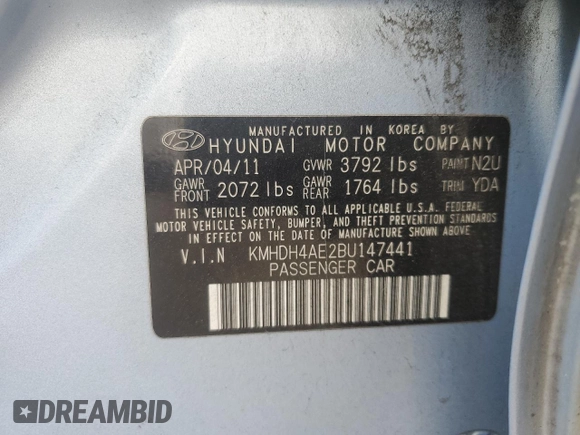 2011 Hyundai Elantra GLS с VIN KMHDH4AE2BU147441, выставлен на аукционе Copart как лот 61157415 с пробегом 210 582 миль миль и Списание • Salvage title. История ставок и продаж доступна на DreamBid. Изображение 12.