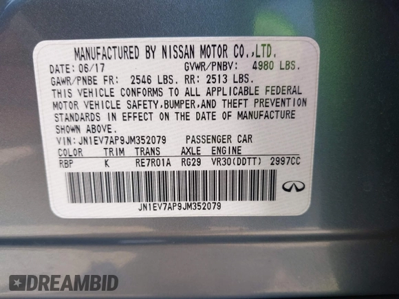 2018 Infiniti Q50 3.0t LUXE with VIN JN1EV7AP9JM352079, listed as a IAAI auction lot 42030404 with 62,550 mi miles. Bid and sale history available at carsss.com. Image 9.