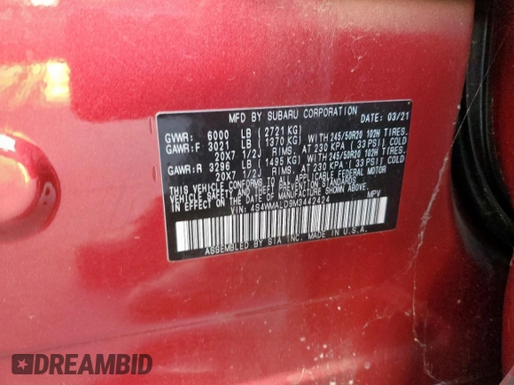 2021 Subaru Ascent Limited with VIN 4S4WMALD9M3442424, listed as a Copart auction lot 48420195 with 23,953 mi miles and Salvage Title. Bid and sale history available at DreamBid. Image 12.