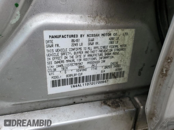 2002 Nissan Altima S with VIN 1N4AL11D72C700947, listed as a Copart auction lot 47312035 with 157,484 mi miles and Salvage Title. Bid and sale history available at carsss.com. Image 12.
