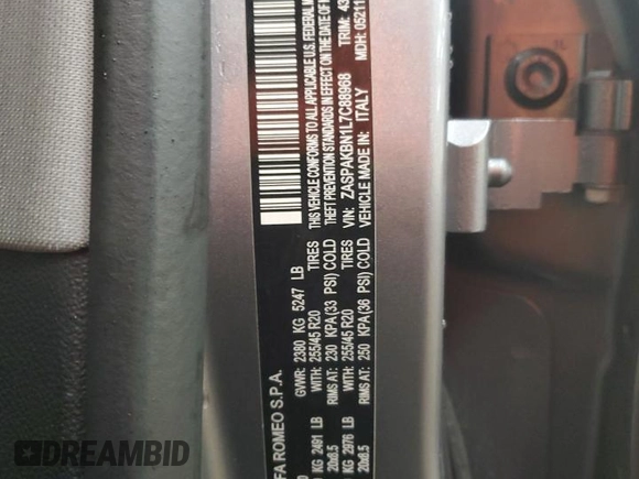 2020 Alfa Romeo Stelvio Ti z VIN ZASPAKBN1L7C88968, wystawiony jako Copart lot #51223235 z przebiegiem 79 530 mil mil oraz Szkoda całkowita • Salvage title. Historia ofert i sprzedaży dostępna na DreamBid. Obrazek 13.