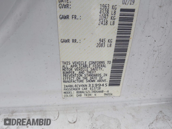 2019 Nissan Altima SR with VIN 1N4BL4CV4KN319945, listed as a IAAI auction lot 41953274 with 131,402 mi miles and . Bid and sale history available at carsss.com. Image 9.