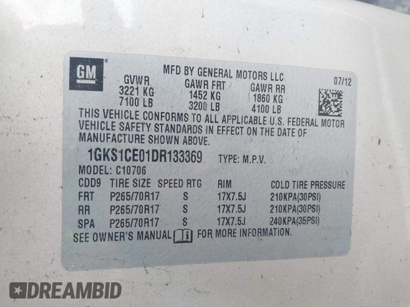 2013 GMC Yukon SLT with VIN 1GKS1CE01DR133369, listed as a IAAI auction lot 41798628 with 1 mi miles. Bid and sale history available at carsss.com. Image 9.