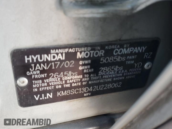 2002 Hyundai Santa Fe GLS with VIN KM8SC13D42U228062, listed as a Copart auction lot 88159455 with 133,554 mi miles and Salvage Title. Bid and sale history available at carsss.com. Image 12.