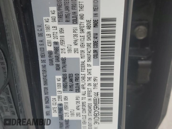 2024 Mazda CX-30 S Preferred with VIN 3MVDMBCM3RM665144, listed as a Copart auction lot 57988065 with 9,458 mi miles and Salvage title. Bid and sale history available at DreamBid. Image 14.