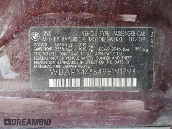 2009 BMW 3 Series 335i с VIN WBAPM73549E191793, выставлен на аукционе Copart как лот 54884835 с пробегом 117 153 миль миль и Списание • Salvage title. История ставок и продаж доступна на DreamBid. Изображение 12.