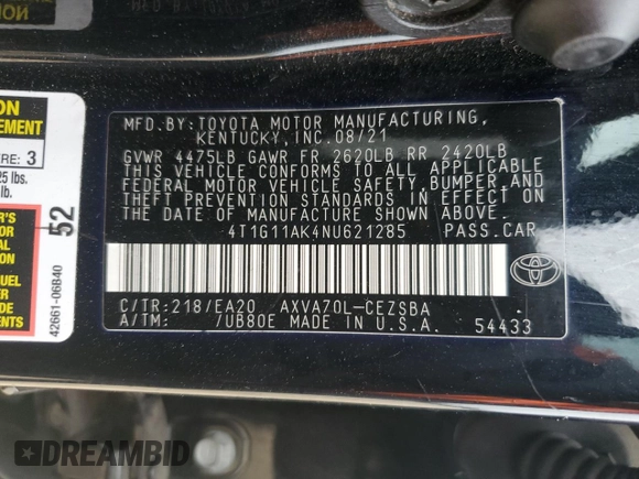 2022 Toyota Camry SE with VIN 4T1G11AK4NU621285, listed as a Copart auction lot 42972115 with 51,541 mi miles and Salvage Title. Bid and sale history available at carsss.com. Image 13.