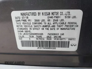 2019 Infiniti Q50 Luxe with VIN JN1EV7AR6KM550265, listed as a IAAI auction lot 42171598 with 56,612 mi miles and . Bid and sale history available at DreamBid. Image 9.