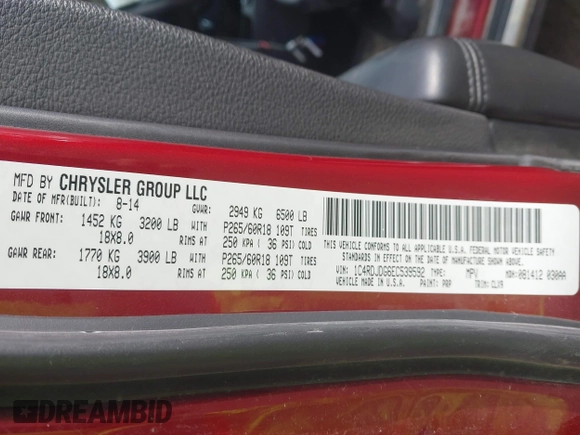 2014 Dodge Durango Limited с VIN 1C4RDJDG6EC539592, выставлен на аукционе IAAI как лот 42126060 с пробегом 114 867 миль миль и . История ставок и продаж доступна на DreamBid. Изображение 9.