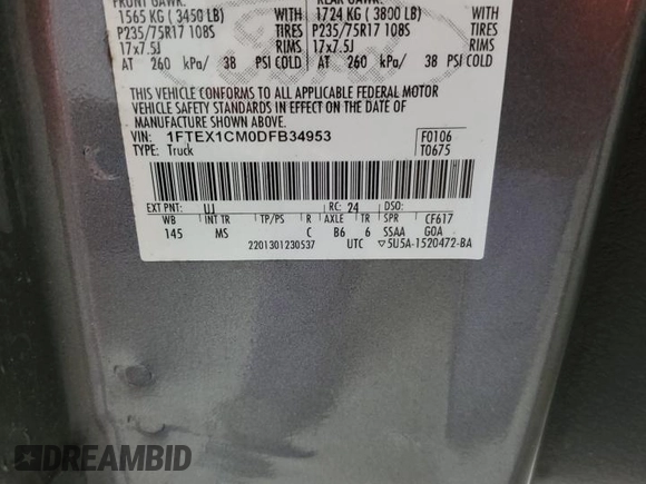 2013 Ford F-150 XL with VIN 1FTEX1CM0DFB34953, listed as a Copart auction lot 54591845 with Not provided miles and Salvage title. Bid and sale history available at DreamBid. Image 12.