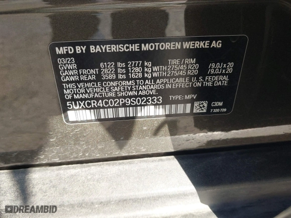 2023 BMW X5 sDrive40i with VIN 5UXCR4C02P9S02333, listed as a IAAI auction lot 41219318 with 32,966 mi miles. Bid and sale history available at carsss.com. Image 9.