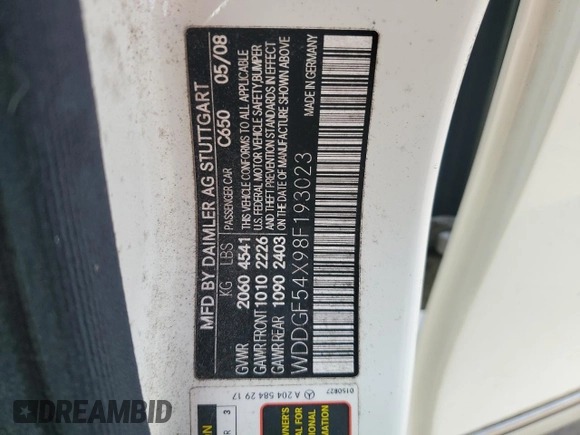 2008 Mercedes-Benz C 300 Sport с VIN WDDGF54X98F193023, выставлен на аукционе Copart как лот 62825395 с пробегом 45 269 миль миль и Списание • Salvage title. История ставок и продаж доступна на DreamBid. Изображение 12.