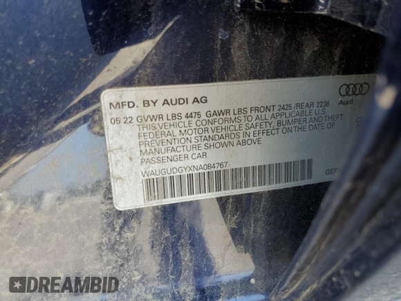 2018 Audi A3 Premium with VIN WAUGUDGYXNA084767, listed as a Copart auction lot 63429252 with 47,298 mi miles. Bid and sale history available at carsss.com. Image 10.