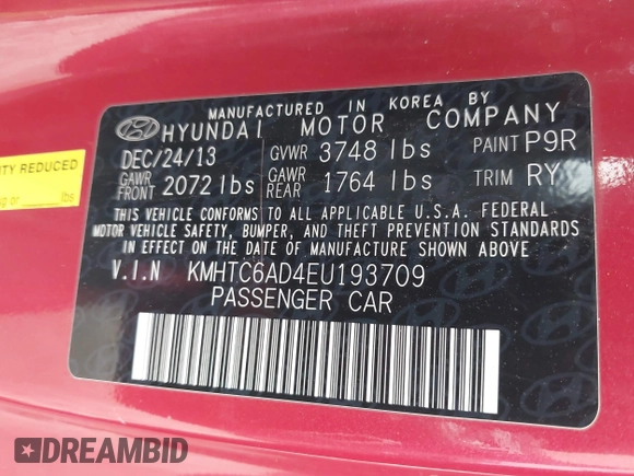 2014 Hyundai Veloster RE:FLEX with VIN KMHTC6AD4EU193709, listed as a IAAI auction lot 42369344 with 175,457 mi miles and . Bid and sale history available at DreamBid. Image 9.