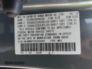 2012 Honda CR-V EX-L with VIN JHLRM4H75CC020481, listed as a IAAI auction lot 42167426 with 187,540 mi miles and . Bid and sale history available at DreamBid. Image 9.
