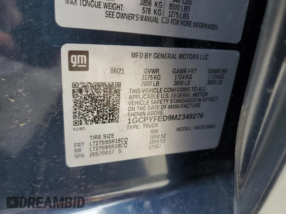 2021 Chevrolet Silverado 1500 LT Trail Boss with VIN 1GCPYFED9MZ349276, listed as a Copart auction lot 50032425 with 69,099 mi miles and Salvage Title. Bid and sale history available at DreamBid. Image 13.
