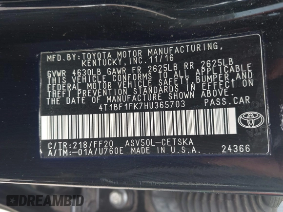 2017 Toyota Camry XLE z VIN 4T1BF1FK7HU365703, wystawiony jako IAAI lot #42300666 z przebiegiem 125 834 mil mil oraz . Historia ofert i sprzedaży dostępna na DreamBid. Obrazek 9.
