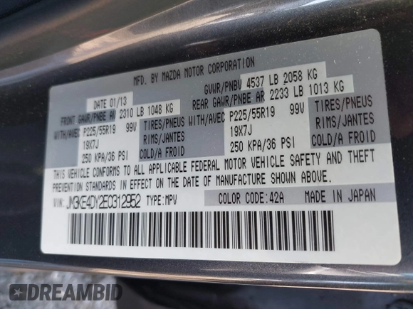 2014 Mazda CX-5 Grand Touring with VIN JM3KE4DY2E0312952, listed as a IAAI auction lot 42138721 with 99,993 mi miles and . Bid and sale history available at DreamBid. Image 9.