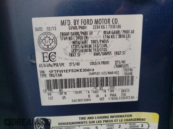 2013 Ford F-150 XL with VIN 1FTFW1EF5DKE30869, listed as a Copart auction lot 52978045 with 59,667 mi miles and Clean Title. Bid and sale history available at carsss.com. Image 12.
