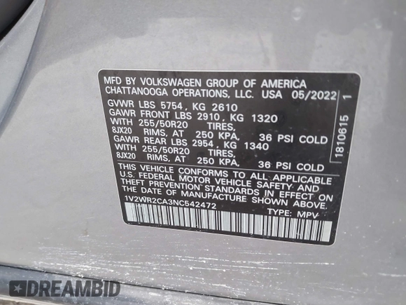 2022 Volkswagen Atlas SE с VIN 1V2WR2CA3NC542472, выставлен на аукционе IAAI как лот 41571999 с пробегом 53 489 миль миль и . История ставок и продаж доступна на DreamBid. Изображение 9.