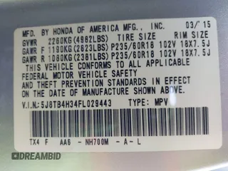 2015 Acura RDX with VIN 5J8TB4H34FL029443, listed as a IAAI auction lot 41678533 with 1 mi miles. Bid and sale history available at carsss.com. Image 9.