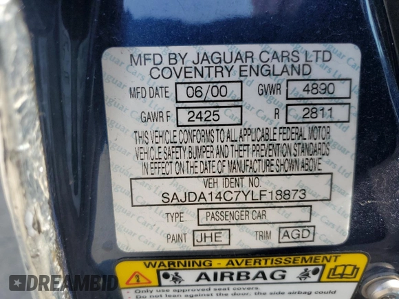 2000 Jaguar XJ with VIN SAJDA14C7YLF18873, listed as a Copart auction lot 50032495 with Not Provided miles and Salvage Title. Bid and sale history available at DreamBid. Image 14.