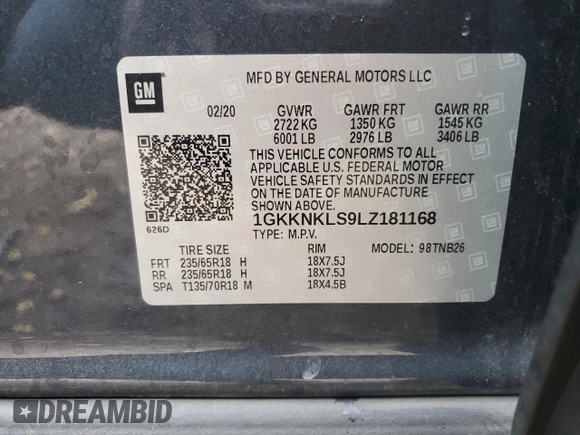 2020 GMC Acadia SLE with VIN 1GKKNKLS9LZ181168, listed as a Copart auction lot 83037714 with 96,614 mi miles and Salvage Title. Bid and sale history available at carsss.com. Image 13.