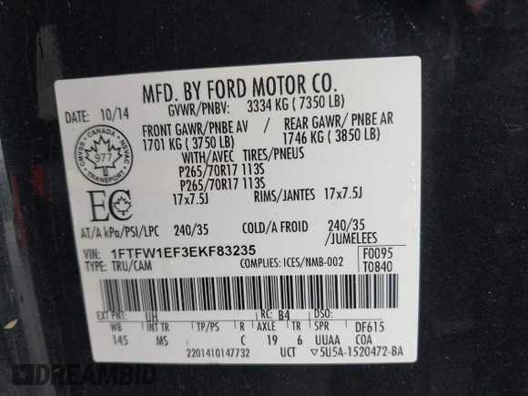 2014 Ford F-150 XL with VIN 1FTFW1EF3EKF83235, listed as a IAAI auction lot 42220986 with 114,384 mi miles and . Bid and sale history available at DreamBid. Image 9.