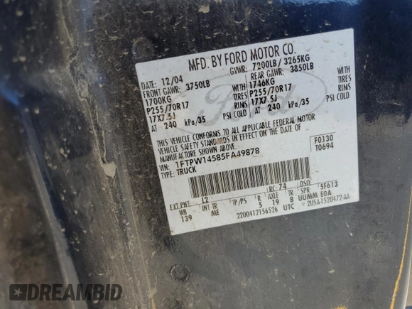 2005 Ford F-150 XLT с VIN 1FTPW14585FA49878, выставлен на аукционе Copart как лот 59924415 с пробегом Не указан миль и Списание • Salvage title. История ставок и продаж доступна на DreamBid. Изображение 12.