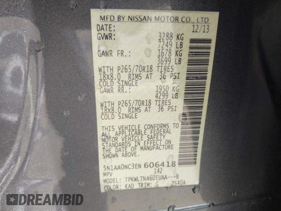 2014 Nissan Armada SV z VIN 5N1AA0NC3EN606418, wystawiony jako IAAI lot #42189969 z przebiegiem 120 912 mil mil oraz . Historia ofert i sprzedaży dostępna na DreamBid. Obrazek 9.