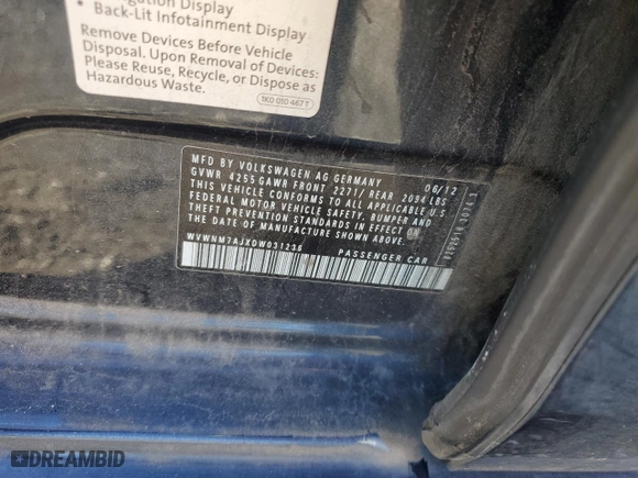 2013 Volkswagen Golf TDI w/Sunroof & Nav with VIN WVWNM7AJXDW031236, listed as a Copart auction lot 87111724 with 148,352 mi miles and Salvage Title. Bid and sale history available at carsss.com. Image 12.