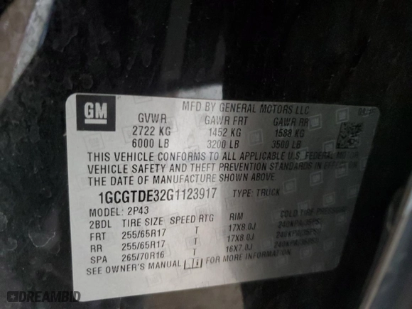 2016 Chevrolet Colorado 4WD Z71 with VIN 1GCGTDE32G1123917, listed as a Copart auction lot 44862055 with 71,202 mi miles and Salvage Title. Bid and sale history available at carsss.com. Image 14.