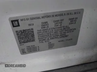 2019 Chevrolet Trax LT with VIN 3GNCJLSB7KL135287, listed as a IAAI auction lot 41982826 with 132,263 mi miles and . Bid and sale history available at carsss.com. Image 9.