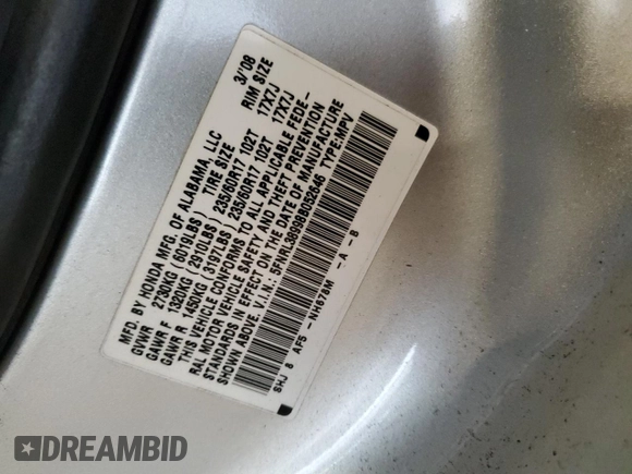 2008 Honda Odyssey Touring with VIN 5FNRL38998B052646, listed as a Copart auction lot 58357145 with 200,943 mi miles and Salvage title. Bid and sale history available at DreamBid. Image 13.
