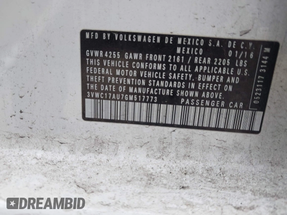 2016 Volkswagen Golf TSI S with VIN 3VWC17AU7GM517773, listed as a IAAI auction lot 41750006 with 123,649 mi miles and . Bid and sale history available at DreamBid. Image 9.