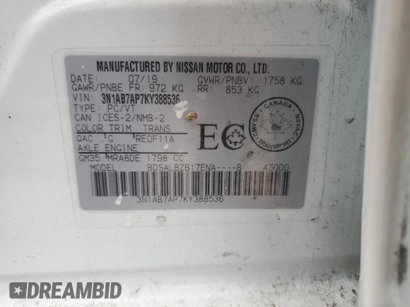2019 Nissan Sentra S with VIN 3N1AB7AP7KY388536, listed as a Copart auction lot 83141034 with 81,174 mi miles and Salvage title. Bid and sale history available at DreamBid. Image 12.