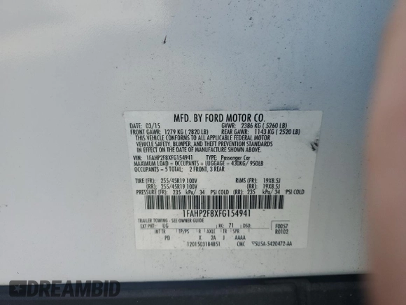 2015 Ford Taurus Limited с VIN 1FAHP2F8XFG154941, выставлен на аукционе Copart как лот 62175545 с пробегом 80 976 миль миль и Чистый • Clean title. История ставок и продаж доступна на DreamBid. Изображение 13.