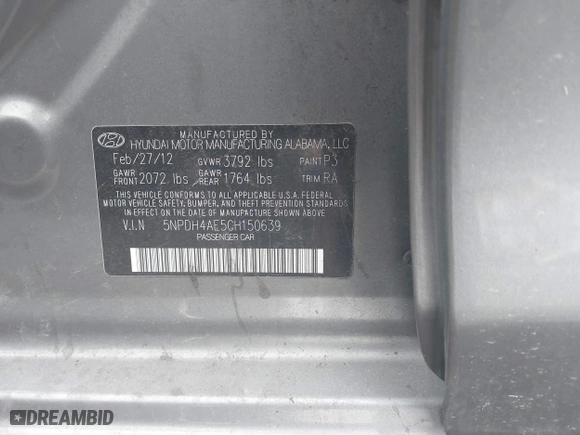 2012 Hyundai Elantra GLS with VIN 5NPDH4AE5CH150639, listed as a IAAI auction lot 41513741 with 143,402 mi miles. Bid and sale history available at carsss.com. Image 9.