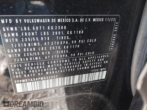 2023 Volkswagen Tiguan SE with VIN 3VVMB7AX8PM032557, listed as a IAAI auction lot 41585975 with 28,706 mi miles and . Bid and sale history available at DreamBid. Image 9.