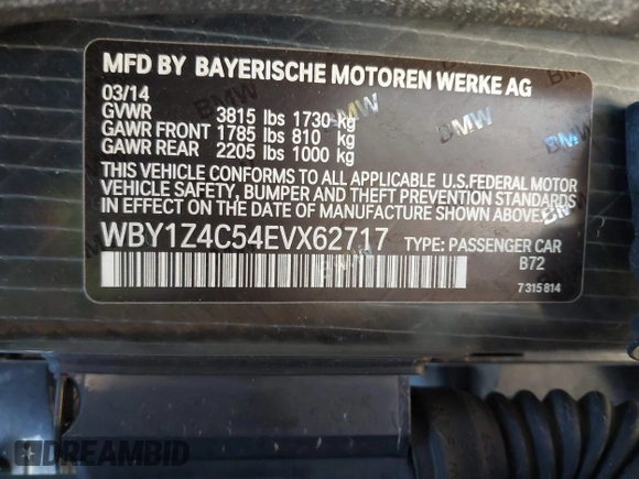 2014 BMW i3 with VIN WBY1Z4C54EVX62717, listed as a IAAI auction lot 41651827 with 86,055 mi miles and . Bid and sale history available at DreamBid. Image 9.