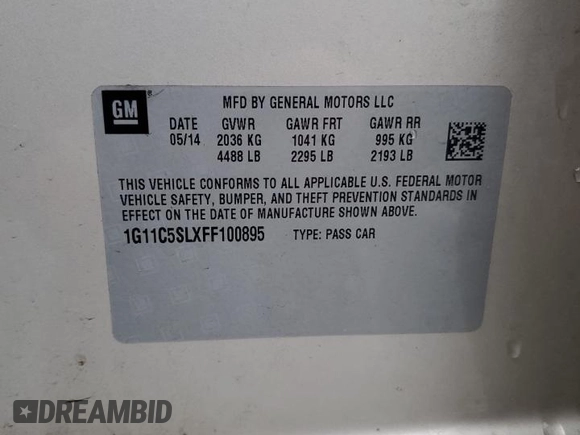 2015 Chevrolet Malibu LT with VIN 1G11C5SLXFF100895, listed as a Copart auction lot 51465835 with 132,839 mi miles and Salvage Title. Bid and sale history available at DreamBid. Image 14.