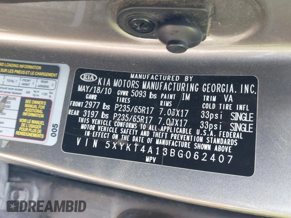 2011 Kia Sorento LX with VIN 5XYKT4A13BG062407, listed as a IAAI auction lot 41851378 with 221,960 mi miles. Bid and sale history available at carsss.com. Image 8.