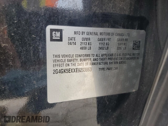 2014 Buick Regal with VIN 2G4GK5EXXE9293863, listed as a Copart auction lot 60046095 with 131,011 mi miles and Salvage title. Bid and sale history available at DreamBid. Image 12.