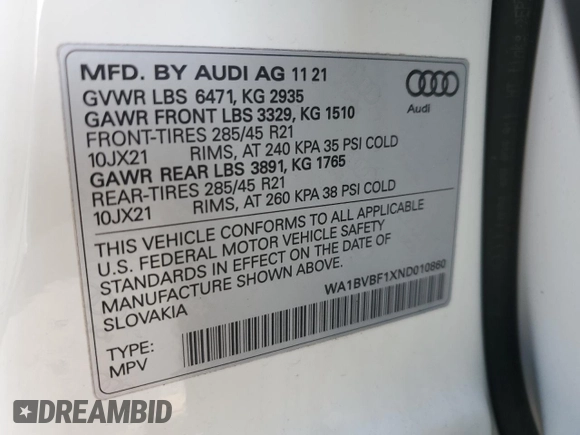 2022 Audi Q8 Premium Plus with VIN WA1BVBF1XND010860, listed as a Copart auction lot 43345745 with 34,568 mi miles and Salvage Title. Bid and sale history available at carsss.com. Image 13.