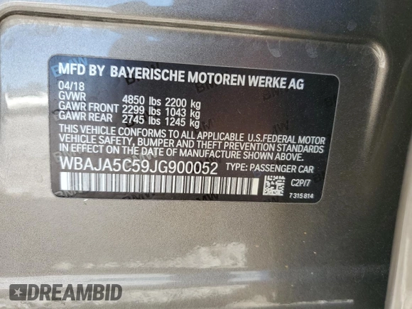 2018 BMW 5 Series 530i with VIN WBAJA5C59JG900052, listed as a Copart auction lot 47998295 with 38,134 mi miles and Salvage Title. Bid and sale history available at carsss.com. Image 14.