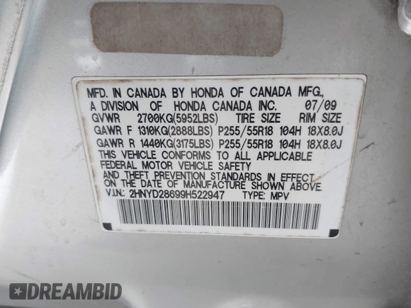 2009 Acura MDX Tech Pkg with VIN 2HNYD28699H522947, listed as a IAAI auction lot 41899548 with 151,438 mi miles. Bid and sale history available at carsss.com. Image 9.