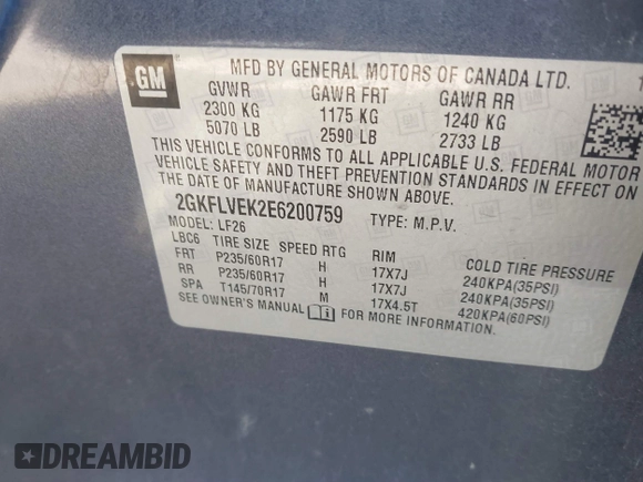 2014 GMC Terrain SLE with VIN 2GKFLVEK2E6200759, listed as a IAAI auction lot 42001008 with 184,080 mi miles. Bid and sale history available at carsss.com. Image 9.